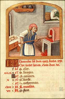 Mittelalterliche Darstellung eines brotbackenden Bäckers, aus einem Backrezeptebuch