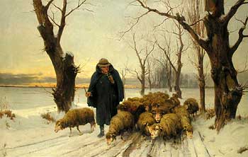 Schäfer mit seinen Schafen im Schnee: Gemälde von Ernst Meissner (1837–1902), Öl auf Leinwand