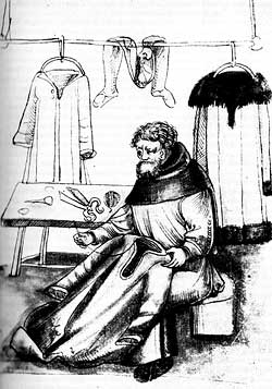 Ein Schneider mit seinem Werkzeug: Schere, Nadel, Garn und Dorn für die Bearbeitung von Pelzen (spätmittelalterliche Federzeichnung)